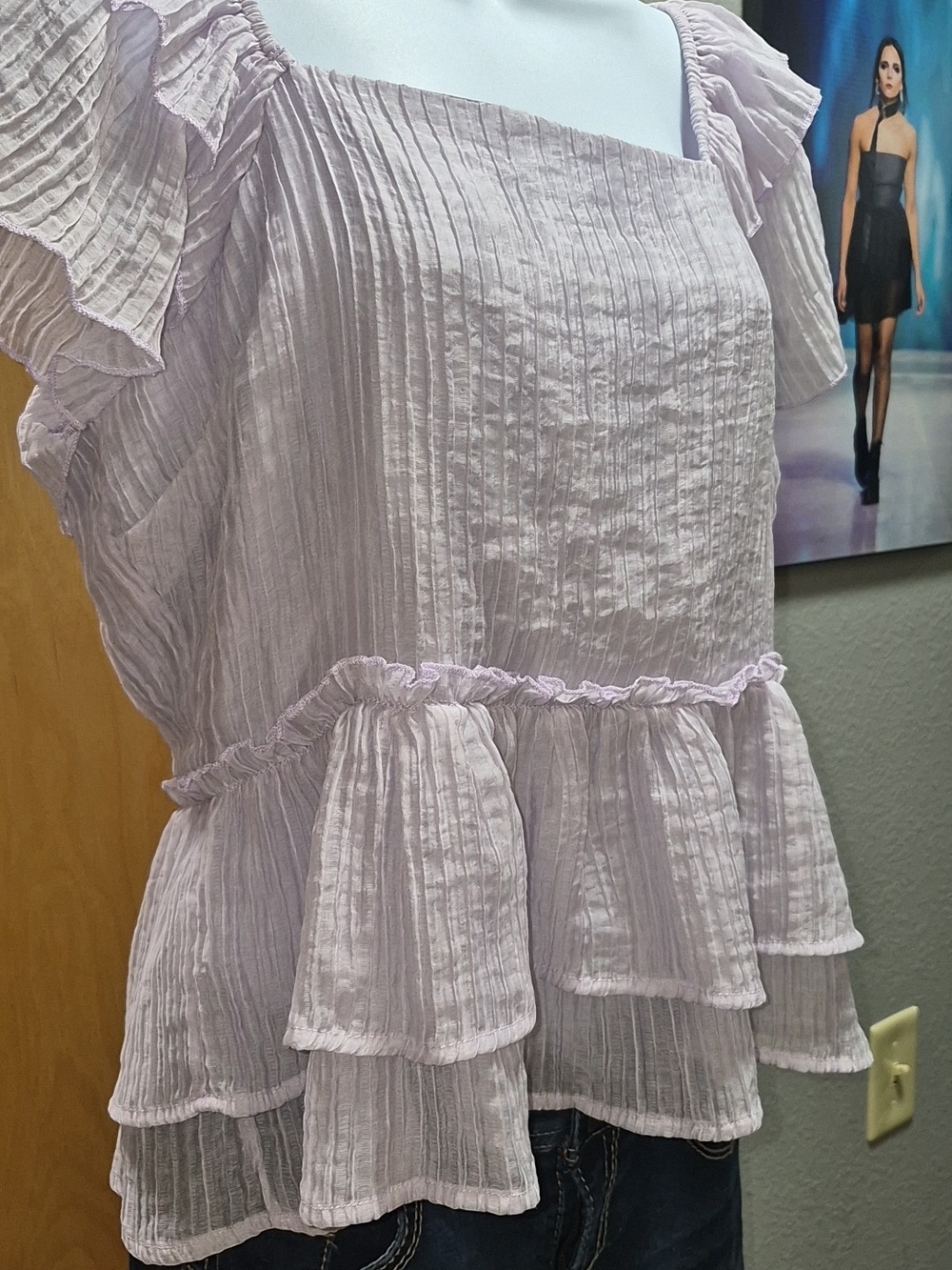 Lavender Ruffle-Tiered Peplum Blouse with Square Neck